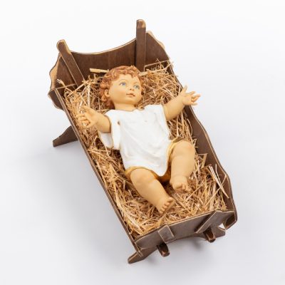 Bambino in resina e culla in legno per presepe cm.125