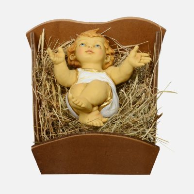 Bambino in resina e culla in legno per presepe cm.85