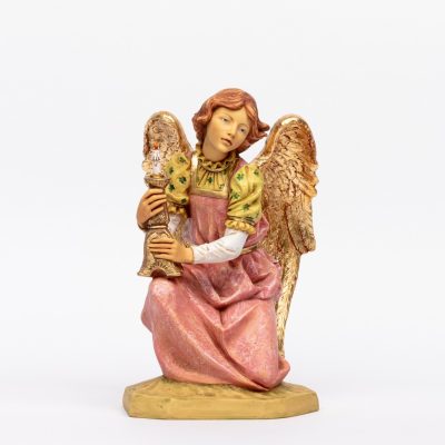 Angelo in ginocchio rosa in resina per presepe cm.52